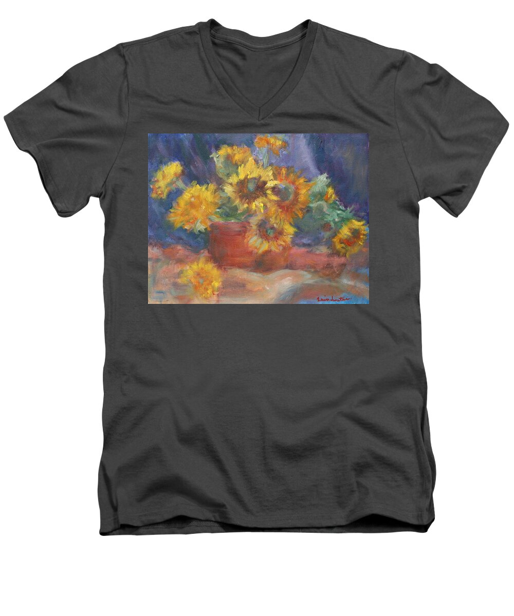 Sunflower Men's V-Neck T-Shirt featuring the painting Keep on the Sunny Side - Original Contemporary Impressionist Painting - Sunflower Bouquet by Quin Sweetman