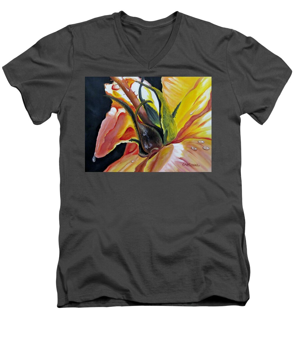 Dewdrops Men's V-Neck T-Shirt featuring the painting Kelly's Rose by Carol Allen Anfinsen