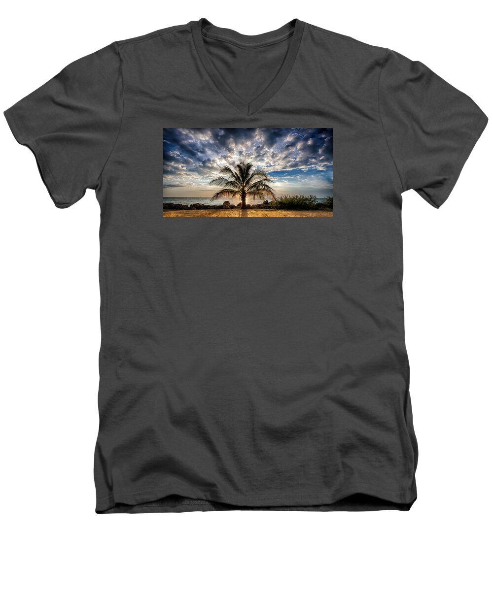 Key West Men's V-Neck T-Shirt featuring the photograph Key West Florida Lone Palm Tree by Robert Bellomy