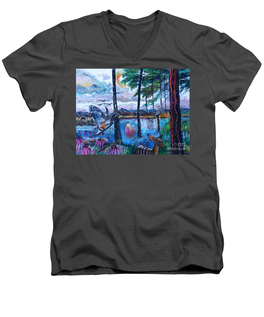 Kingfisher Men's V-Neck T-Shirt featuring the painting Kingfisher and Deer In Landscape by Stan Esson