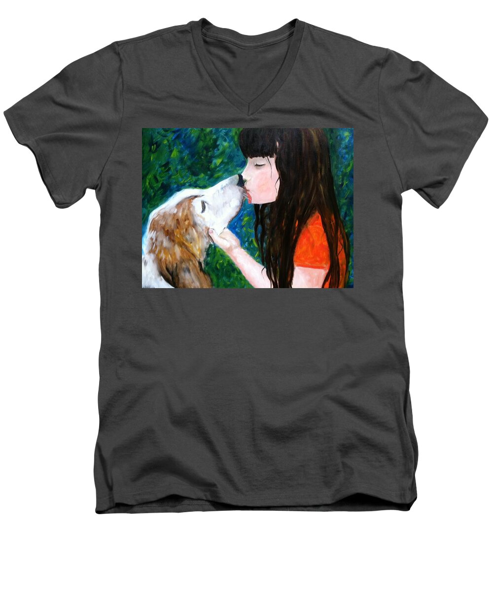 Pet Men's V-Neck T-Shirt featuring the painting Kisses by Vikki Angel