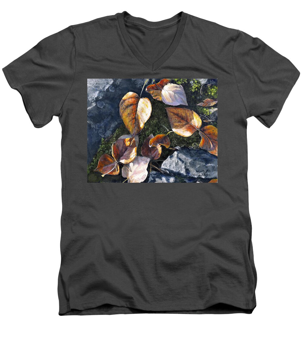 Alaska Men's V-Neck T-Shirt featuring the painting Knik River Autumn Leaves by K Whitworth