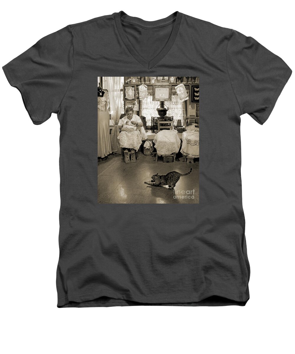 Burano Men's V-Neck T-Shirt featuring the photograph Lace Lady of Burano-BW by Jennie Breeze