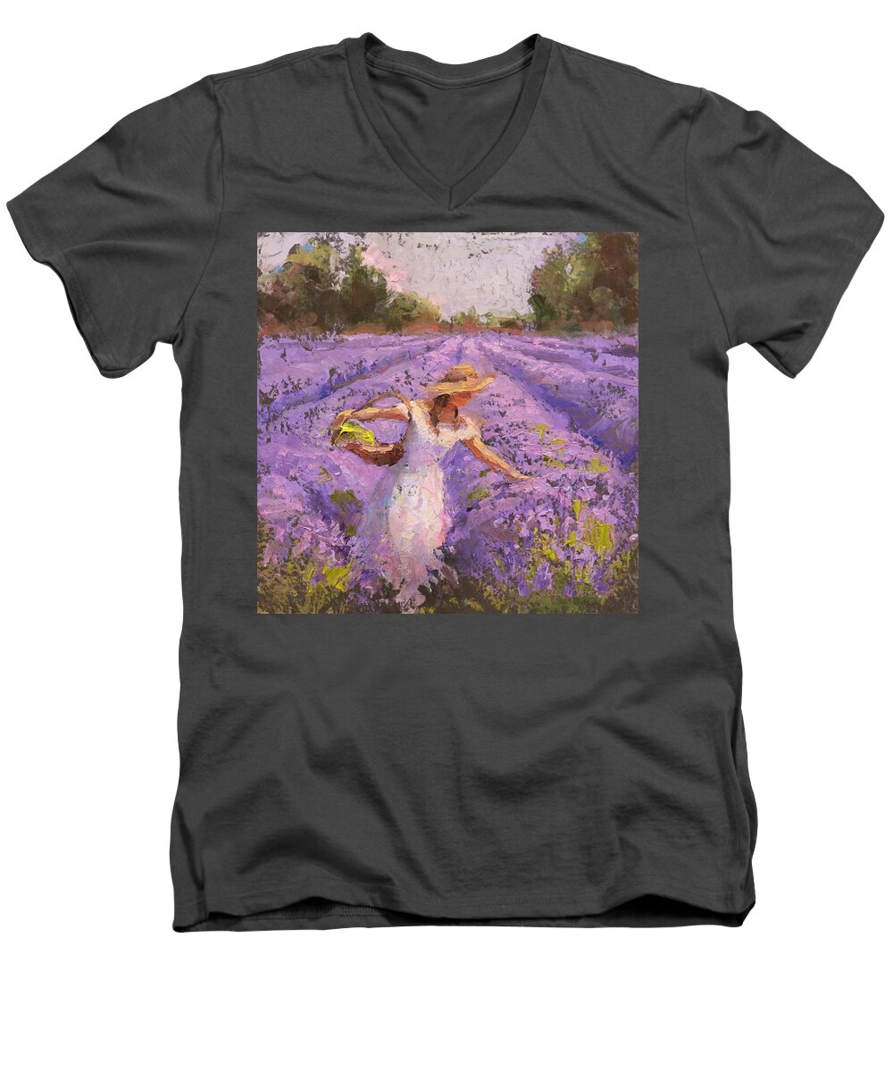 Lavender Art Men's V-Neck T-Shirt featuring the painting Woman Picking Lavender In A Field In A White Dress - Lady Lavender - Plein Air Painting by K Whitworth