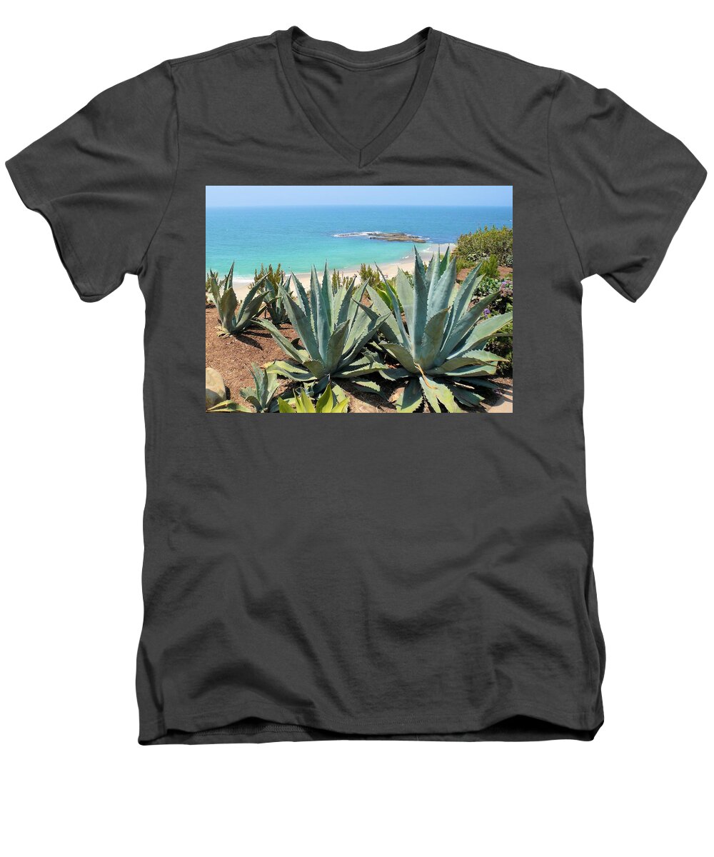 Coastline Men's V-Neck T-Shirt featuring the photograph Laguna Coast with Cactus by Jane Girardot
