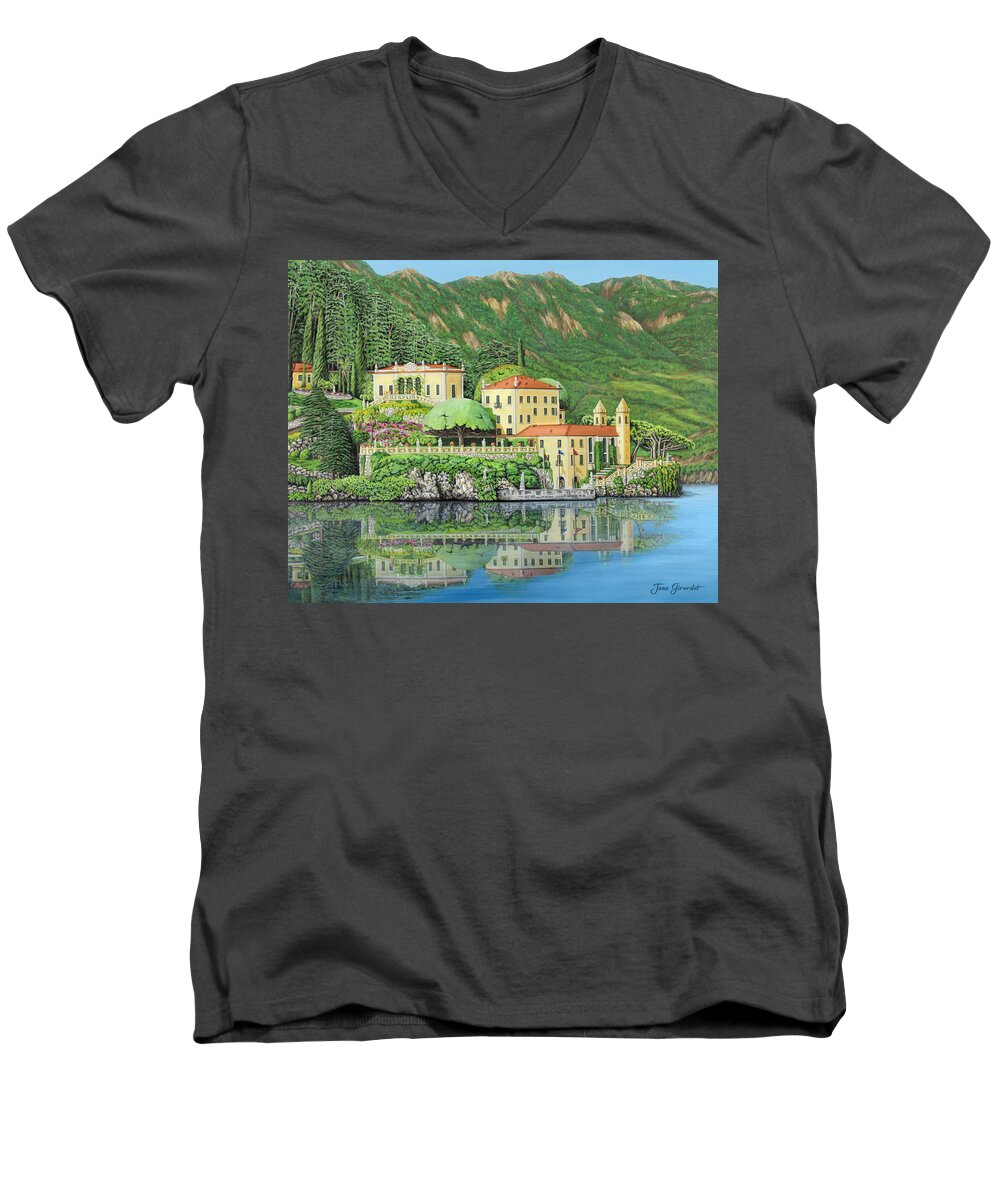 Lake Men's V-Neck T-Shirt featuring the painting Lake Como Morning by Jane Girardot