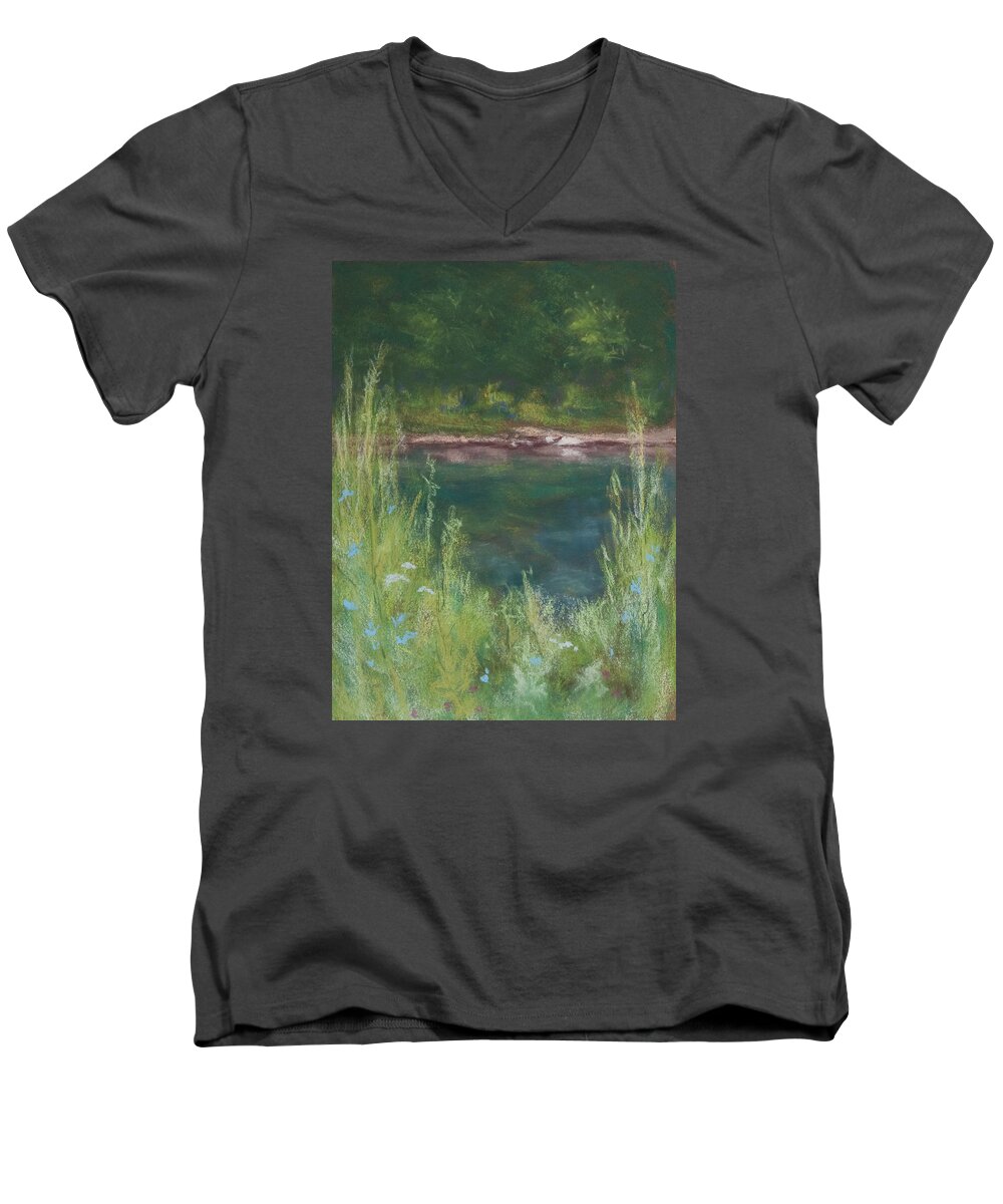 Landscapes Men's V-Neck T-Shirt featuring the painting Lake Medina by Lee Beuther