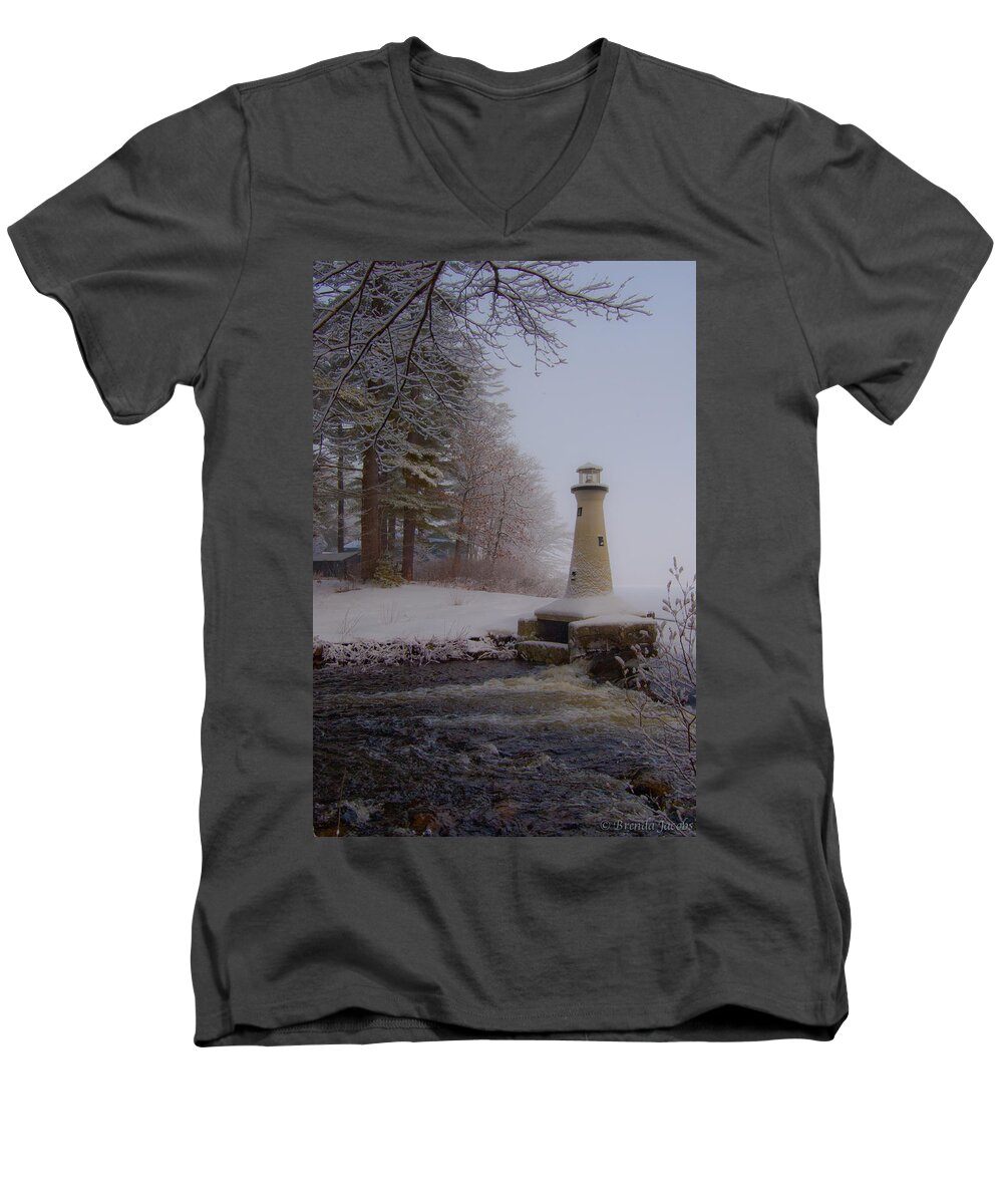 Lake Potanipo Men's V-Neck T-Shirt featuring the photograph Lake Potanipo Lighthouse by Brenda Jacobs
