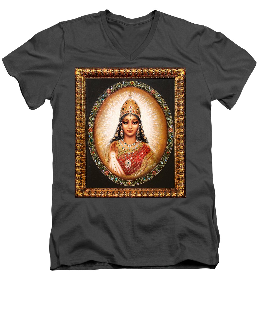 Goddess Men's V-Neck T-Shirt featuring the painting Lakshmi Goddess of Abundance by Ananda Vdovic