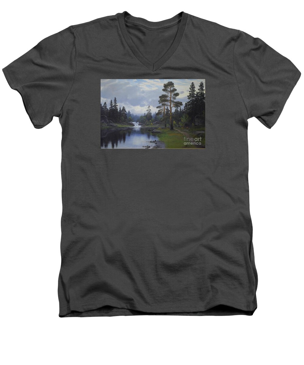 This Painting Is Created By Gonrad Selmyhr (1877-1944). Oil Painting On Canvas. Men's V-Neck T-Shirt featuring the painting Landscape from Norway by Gonrad Selmyhr