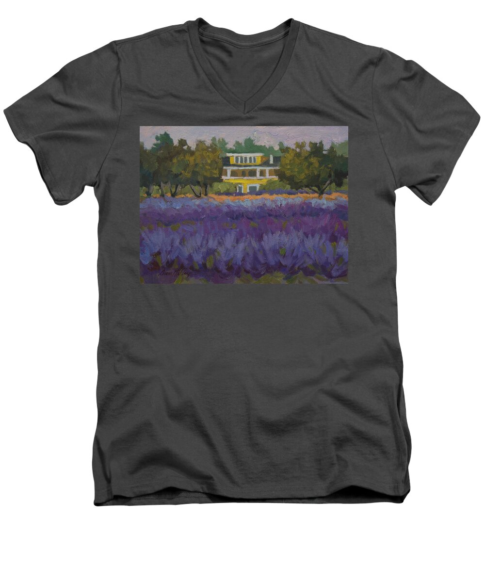 Lavender Men's V-Neck T-Shirt featuring the painting Lavender Farm on Vashon Island by Diane McClary