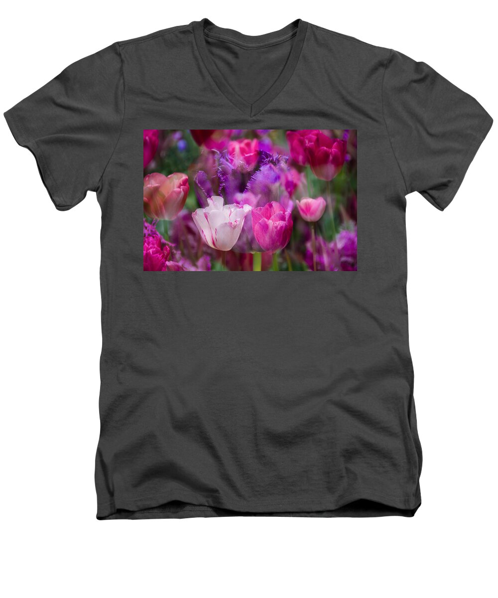 Penny Lisowski Men's V-Neck T-Shirt featuring the photograph Layers of Tulips by Penny Lisowski
