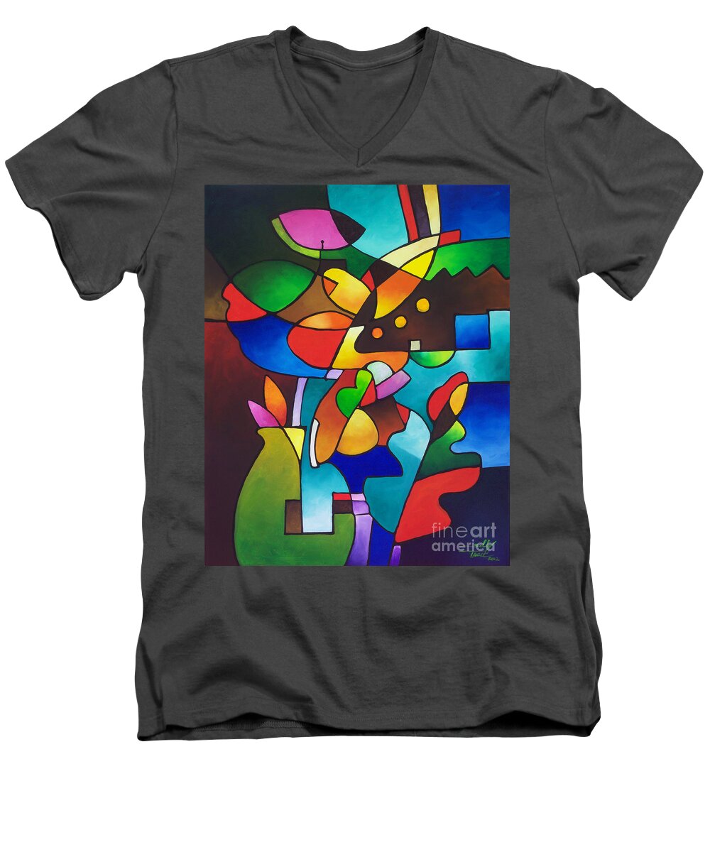Cubist Men's V-Neck T-Shirt featuring the painting Leaf and Vase by Sally Trace