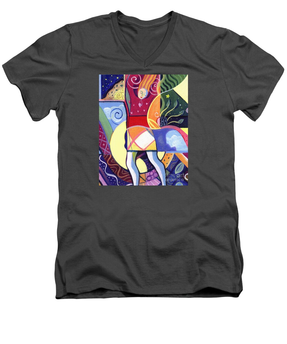 Woman Men's V-Neck T-Shirt featuring the painting Leaping and Bouncing by Helena Tiainen