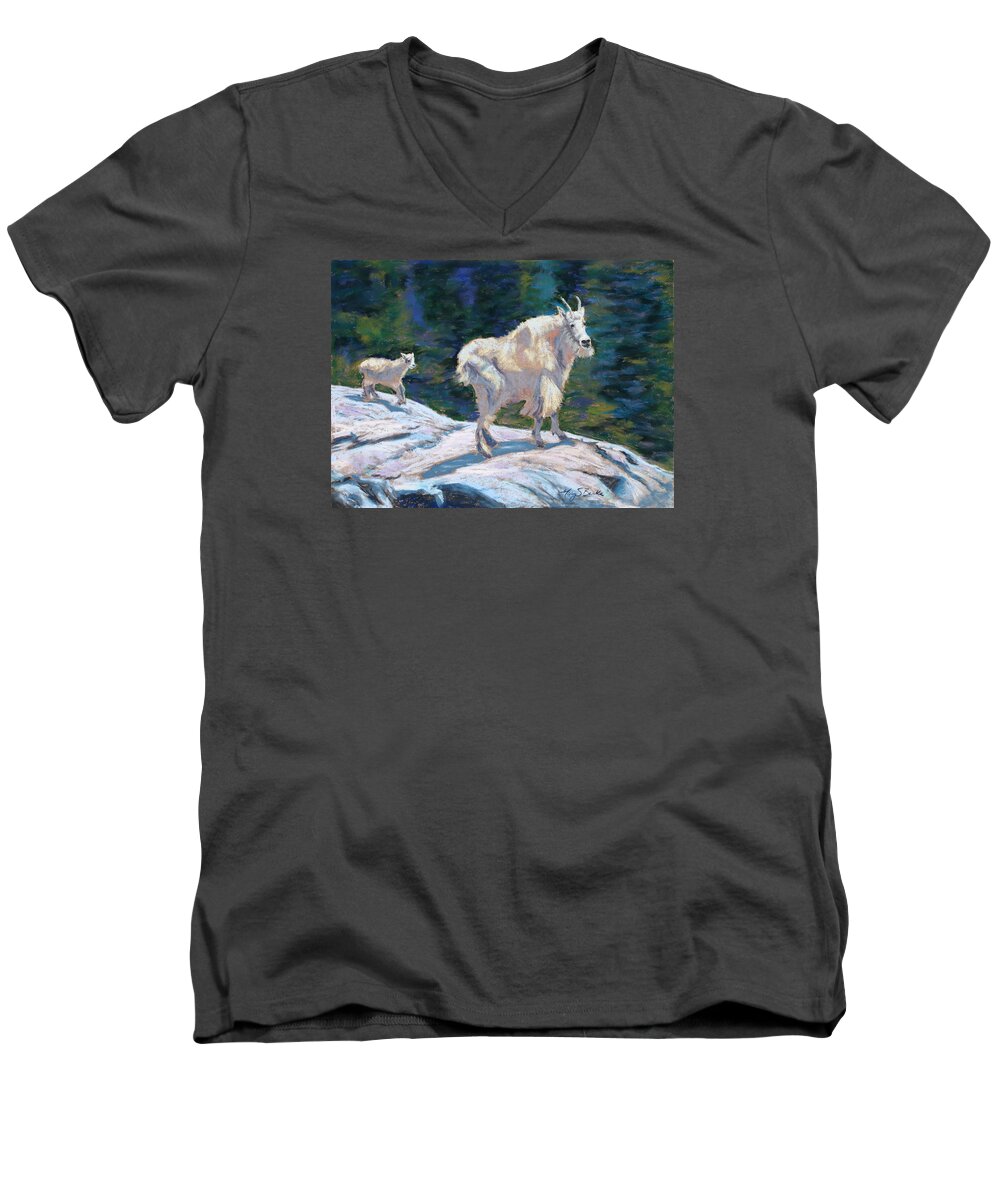 Mountain Goats Men's V-Neck T-Shirt featuring the painting Learning to Walk on the Edge by Mary Benke