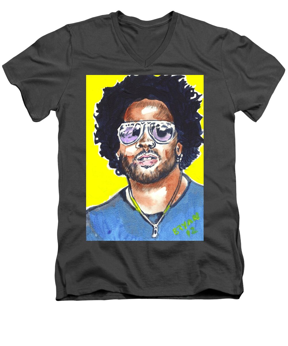 Lenny Kravitz Men's V-Neck T-Shirt featuring the painting Lenny Kravitz by Bryan Bustard