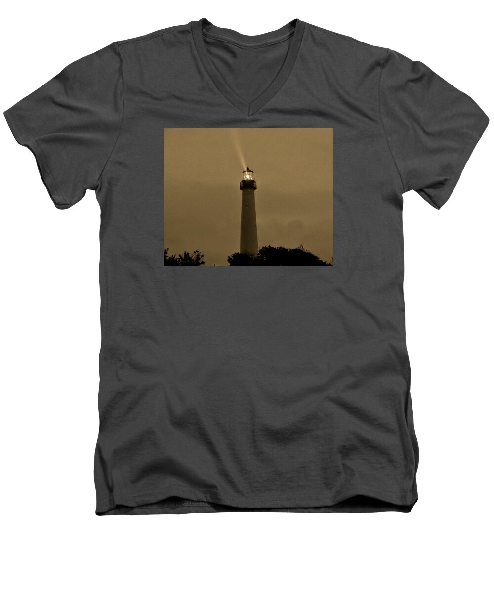 Ocean Men's V-Neck T-Shirt featuring the photograph Lighthouse in the Storm by Ed Sweeney