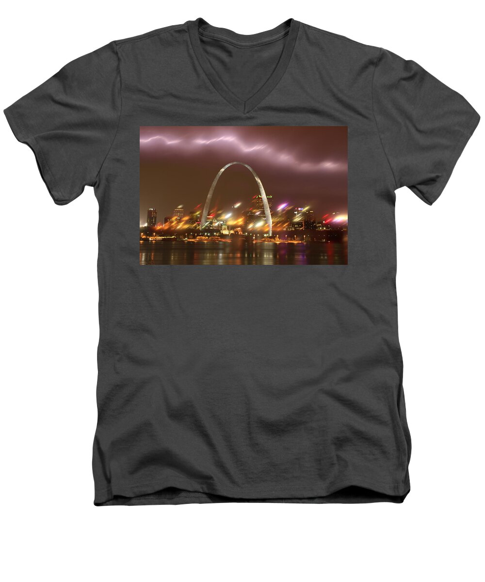 St. Louis Men's V-Neck T-Shirt featuring the photograph Lightning over the Arch by Garry McMichael