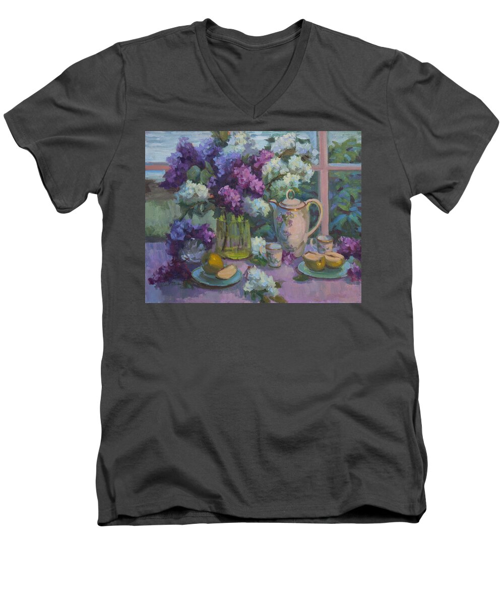 Lilacs Men's V-Neck T-Shirt featuring the painting Lilacs and Tea by Diane McClary