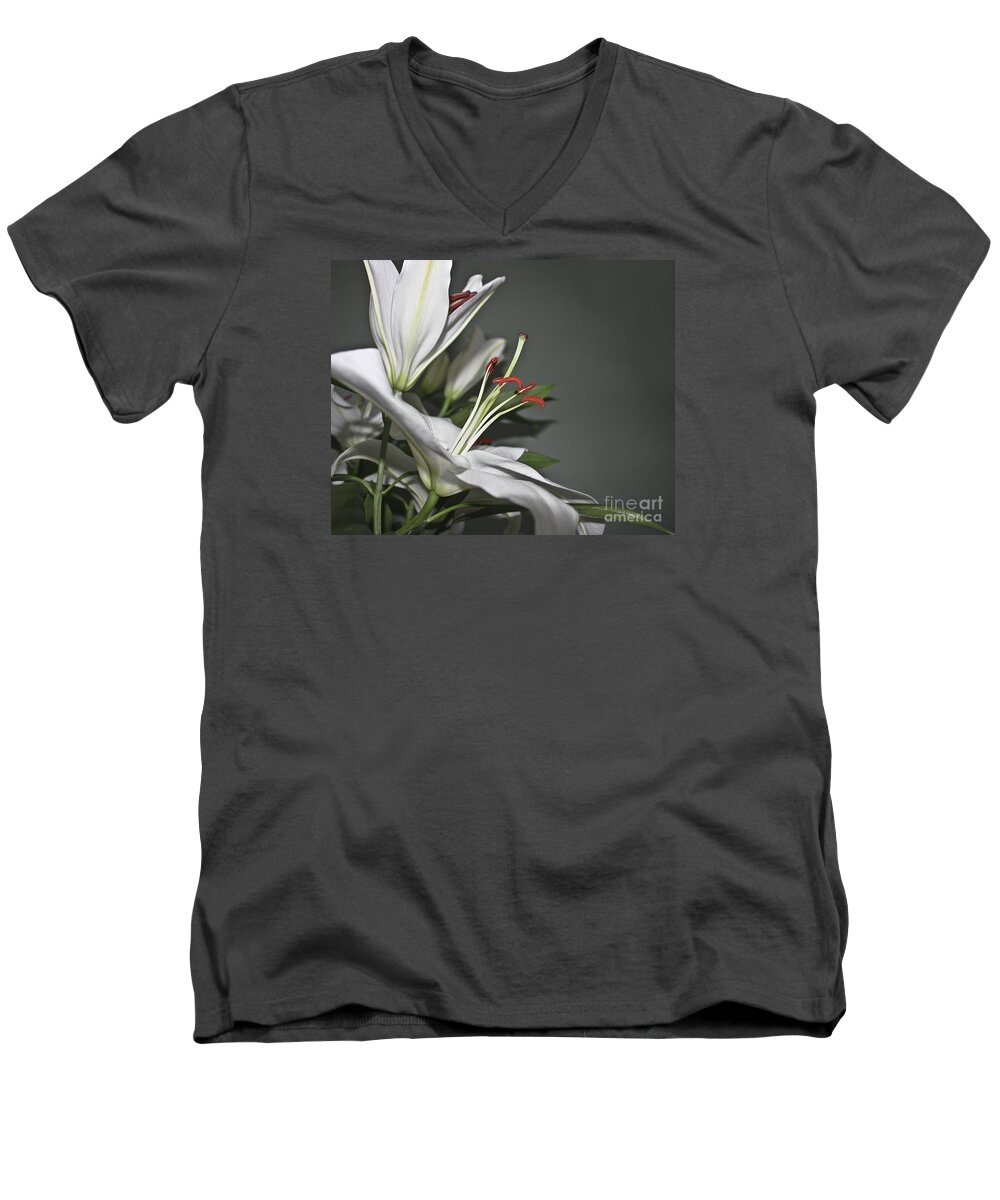 Nature Men's V-Neck T-Shirt featuring the photograph White Lilies by Terri Waters