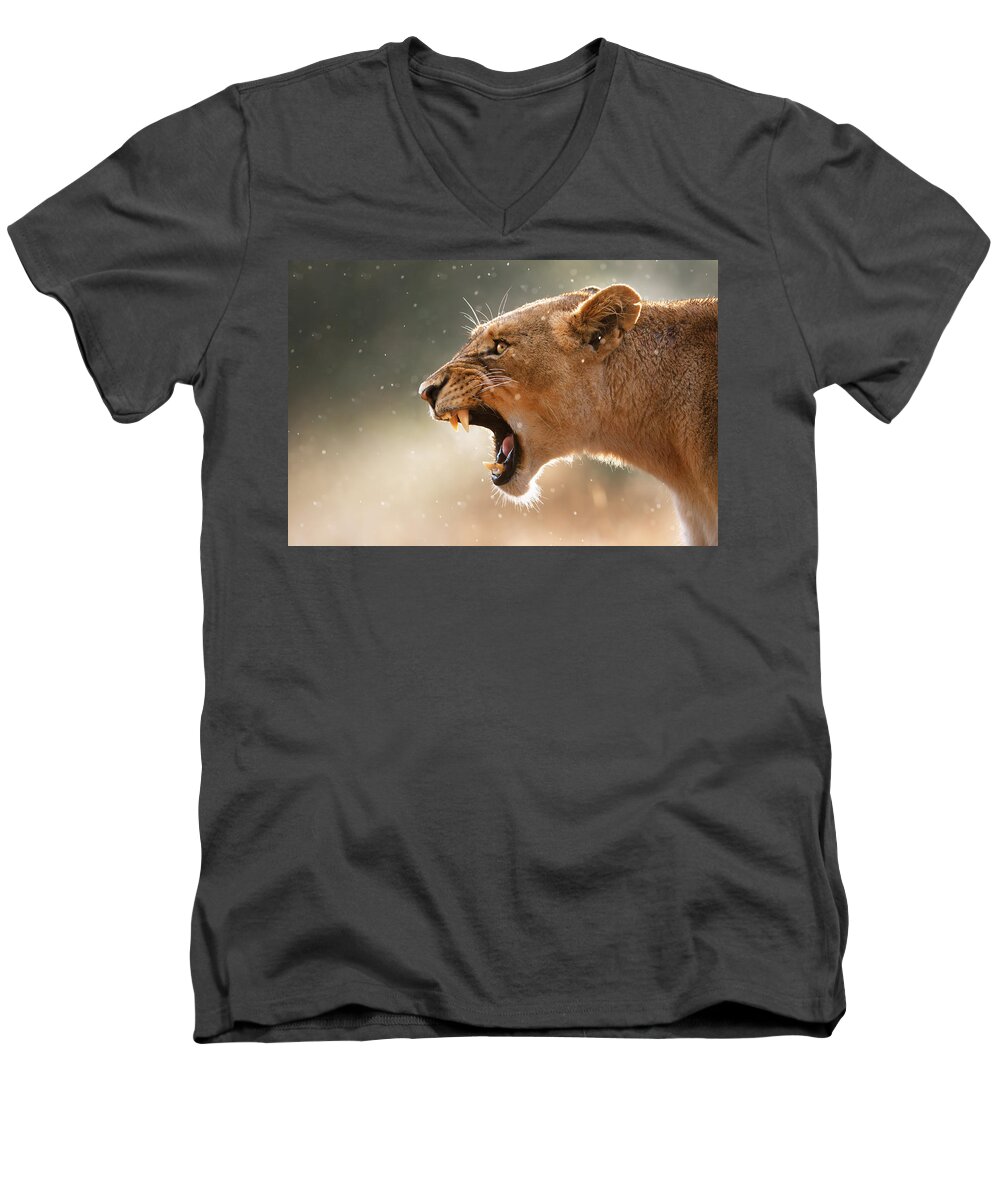 #faatoppicks Men's V-Neck T-Shirt featuring the photograph Lioness displaying dangerous teeth in a rainstorm by Johan Swanepoel