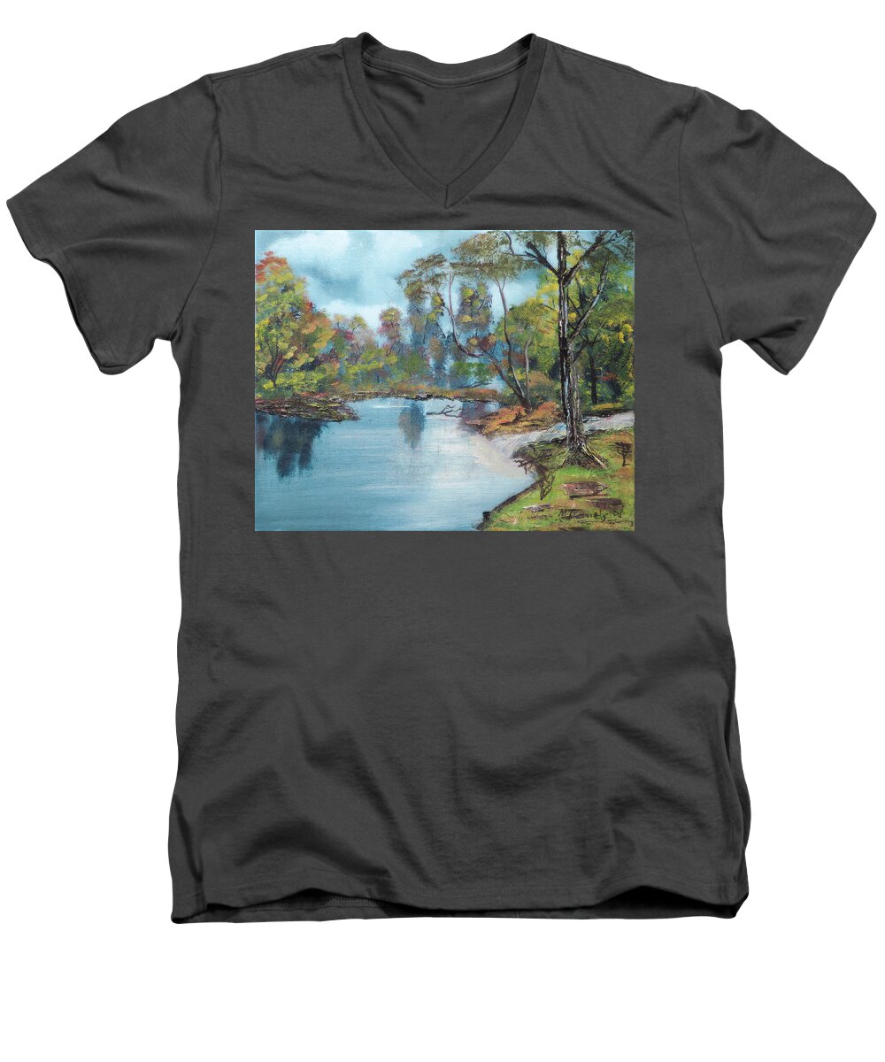 Painting Men's V-Neck T-Shirt featuring the painting Little Brook by Michael Daniels