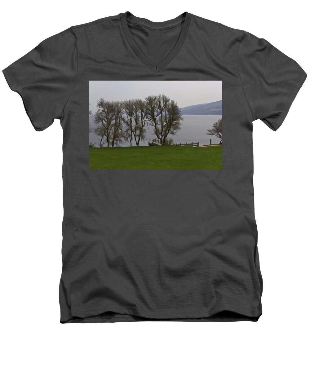 Boat Jetty Men's V-Neck T-Shirt featuring the digital art Loch Ness and boat jetty next to Urquhart Castle by Ashish Agarwal