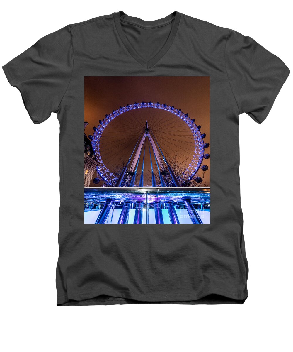 Blue Men's V-Neck T-Shirt featuring the photograph London Eye Supports by Matt Malloy