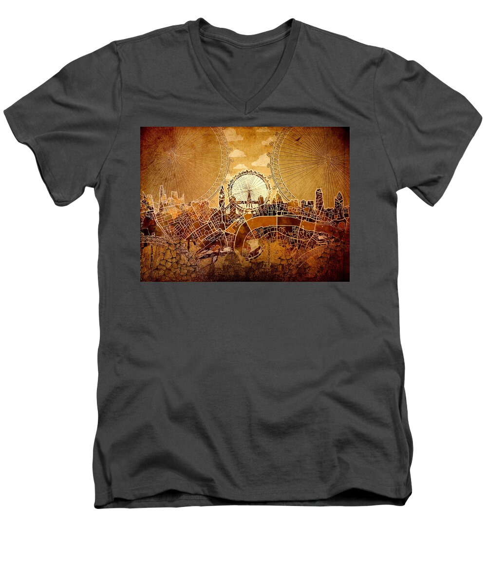 London Men's V-Neck T-Shirt featuring the painting London Skyline Old Vintage by Bekim M