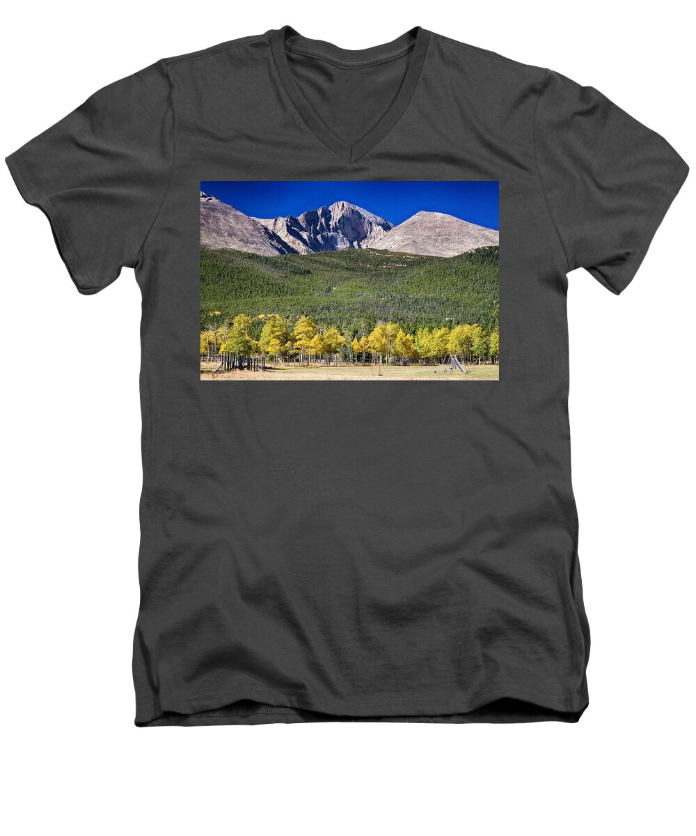Longs Peak Men's V-Neck T-Shirt featuring the photograph Longs Peak a Colorado Playground by James BO Insogna