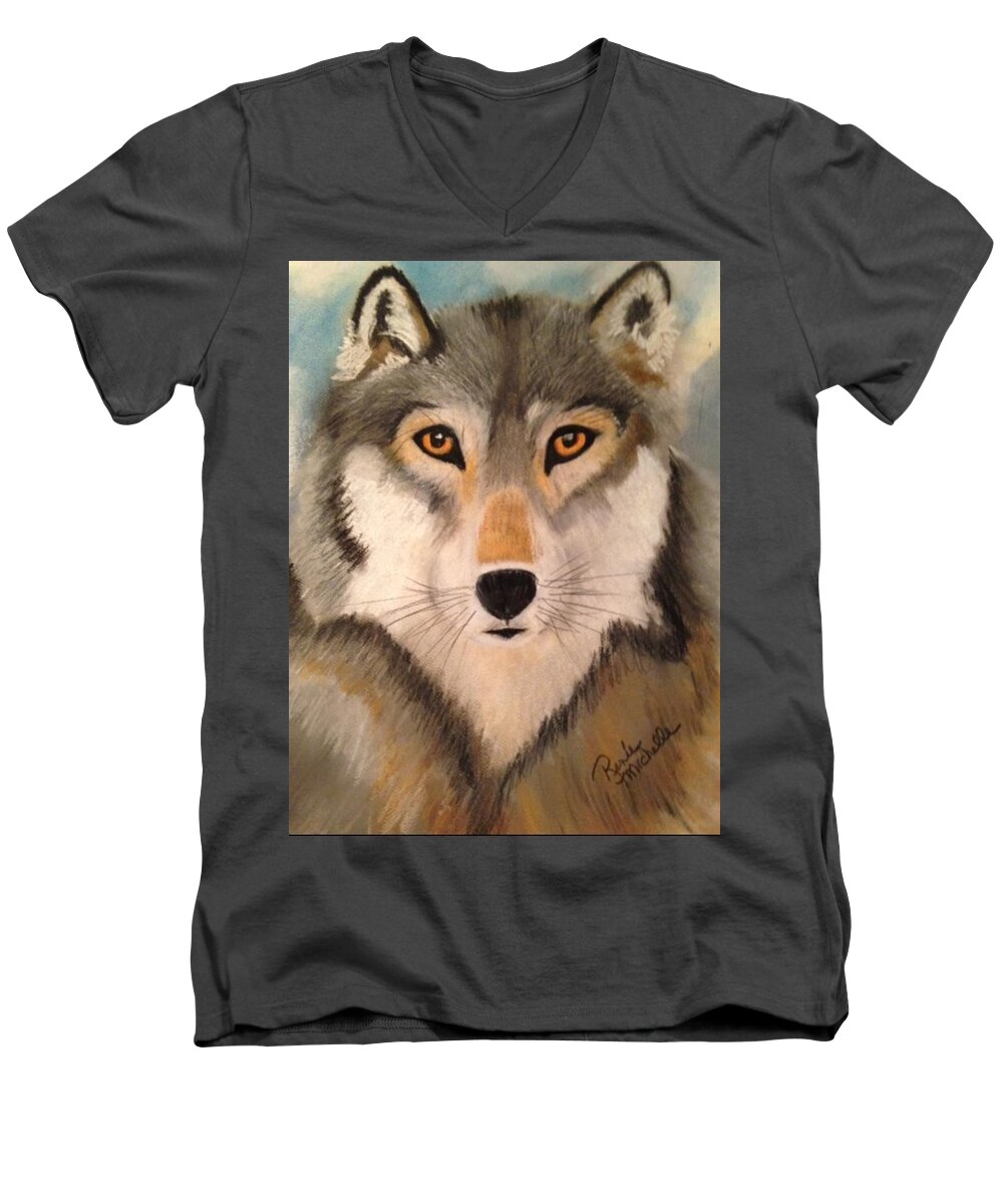 Wolf Men's V-Neck T-Shirt featuring the pastel Looking at a Timber Wolf by Renee Michelle Wenker
