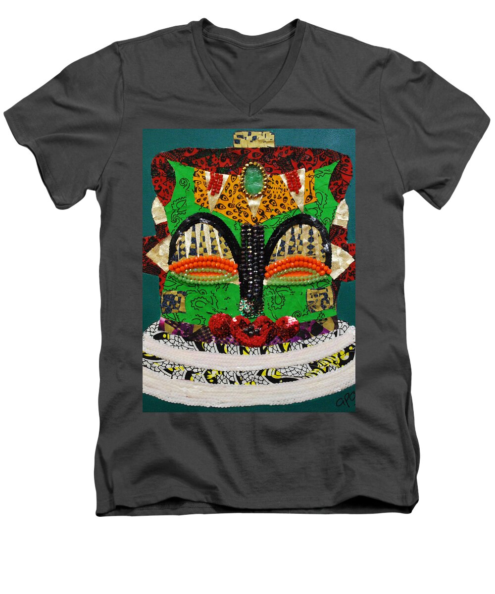 African Mask Men's V-Neck T-Shirt featuring the tapestry - textile Lotus Warrior by Apanaki Temitayo M