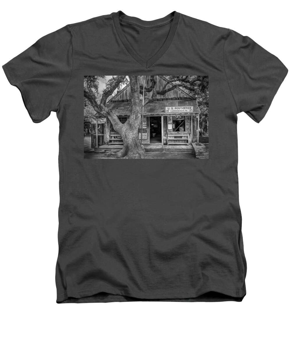 Luckenbach Men's V-Neck T-Shirt featuring the photograph Luckenbach 2 Black and White by Scott Norris