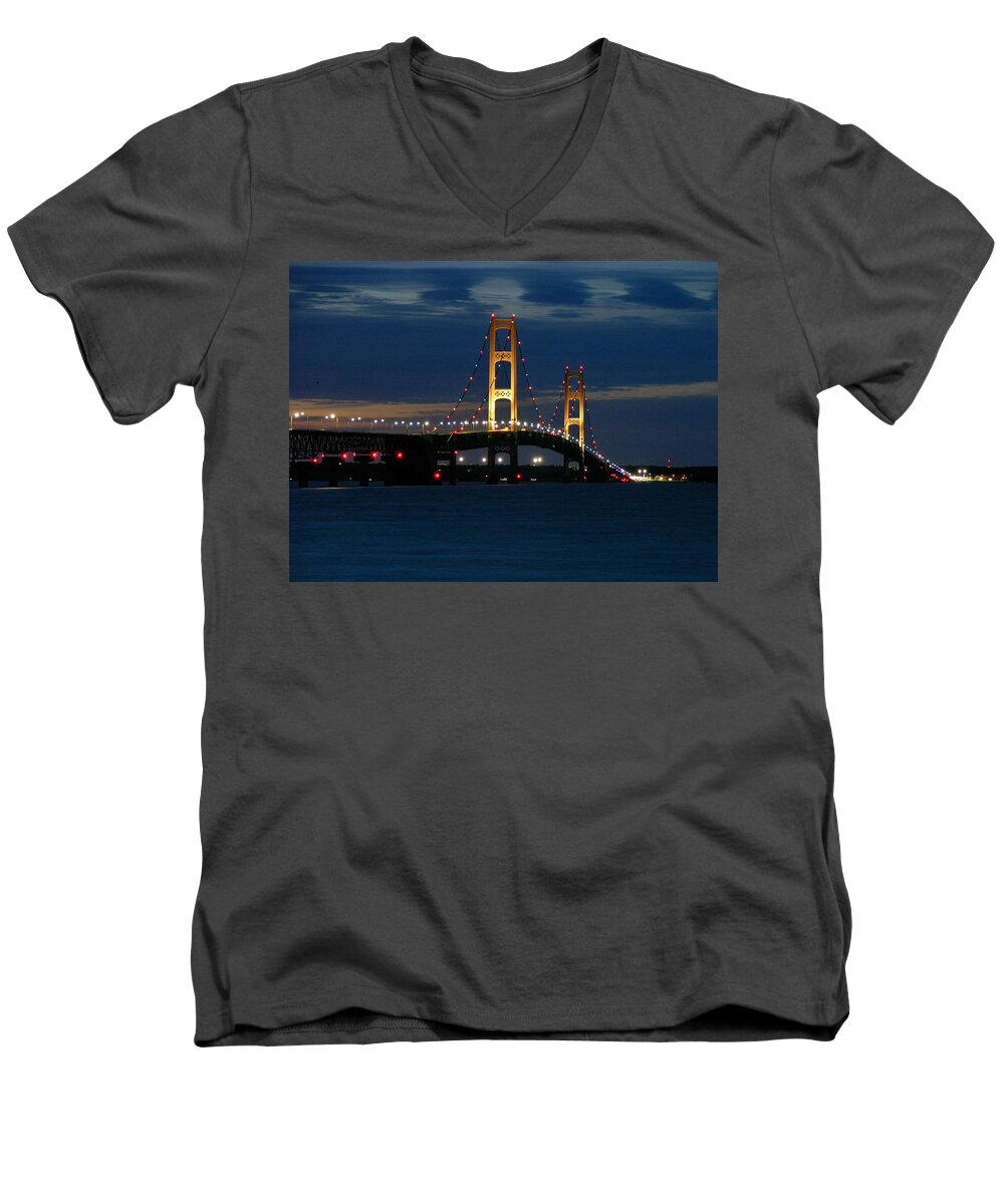 Michigan Men's V-Neck T-Shirt featuring the photograph Mackinac Bridge at dusk by Keith Stokes