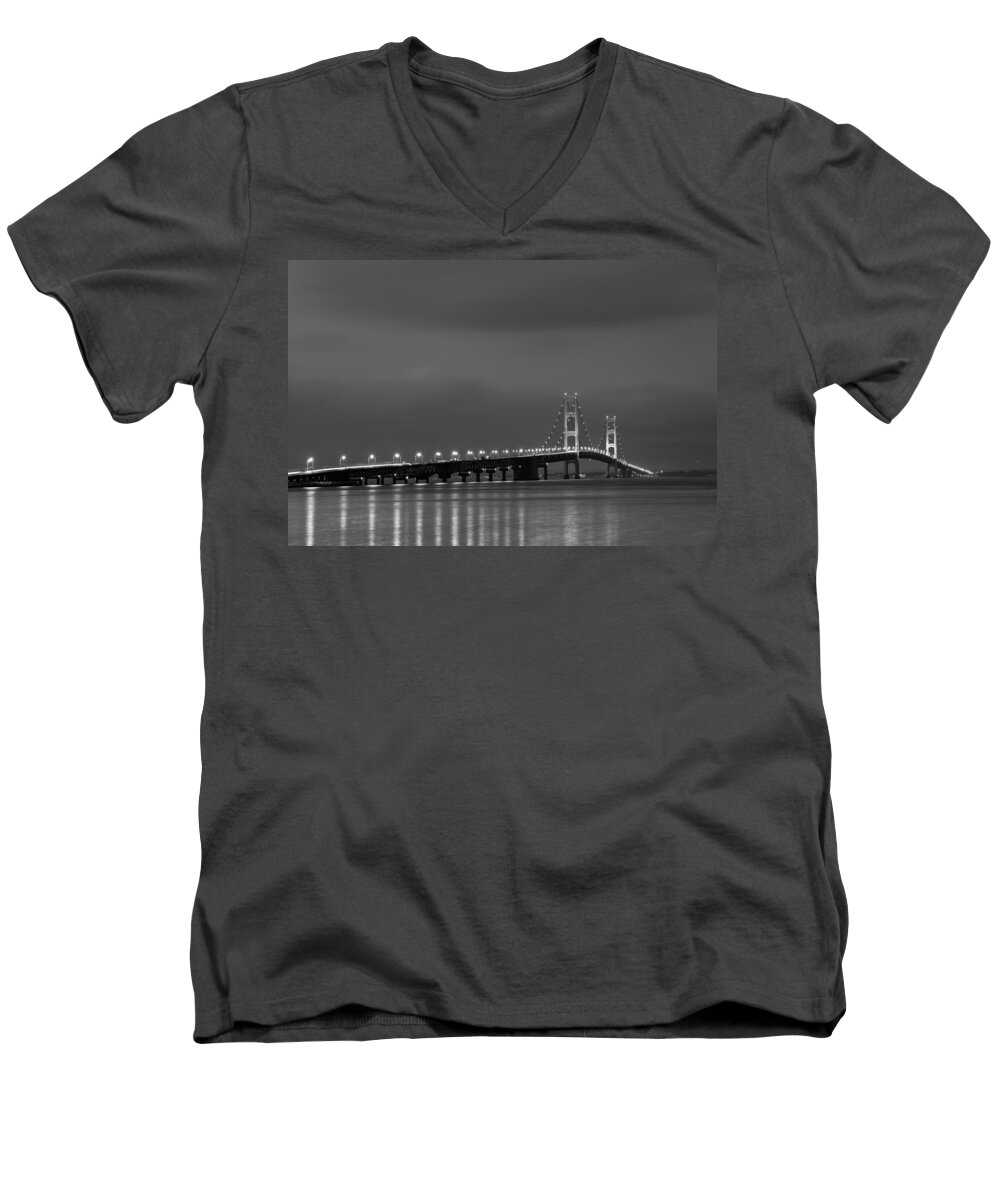 Dusk Men's V-Neck T-Shirt featuring the photograph Mackinac Bridge Black and White by Sebastian Musial
