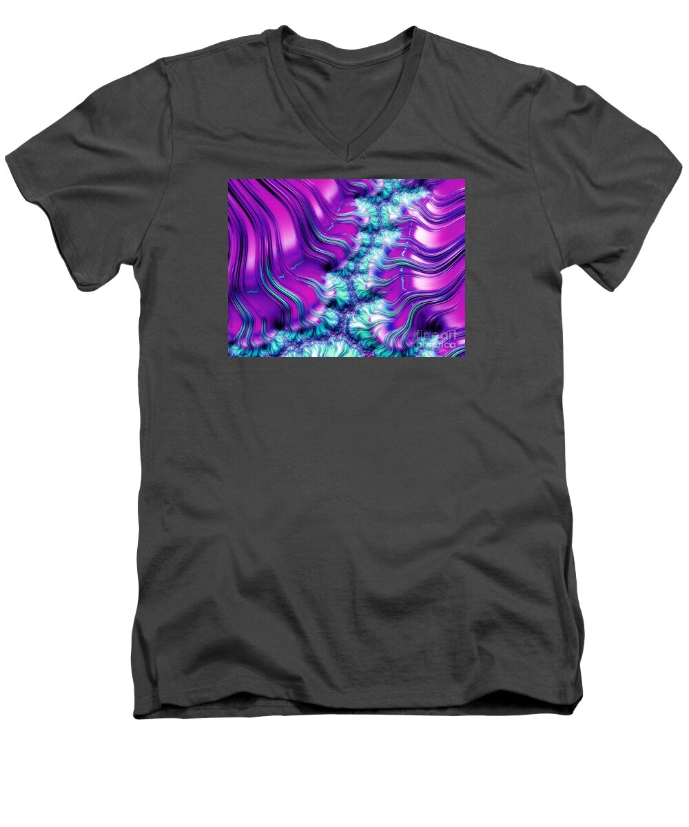Fractal Art Men's V-Neck T-Shirt featuring the digital art Magenta and Aqua Soft Fractal Abstract by Imagery by Charly