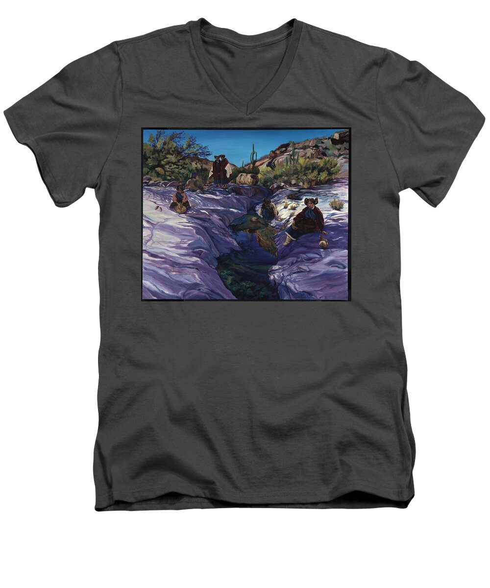 Native American Men's V-Neck T-Shirt featuring the painting Maiden Pools by Christine Lytwynczuk