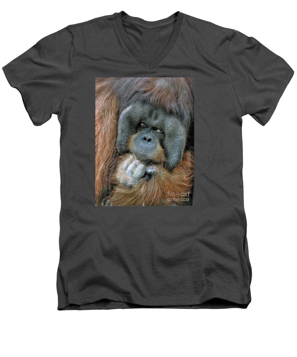Male Men's V-Neck T-Shirt featuring the digital art Male Orangutan by Savannah Gibbs