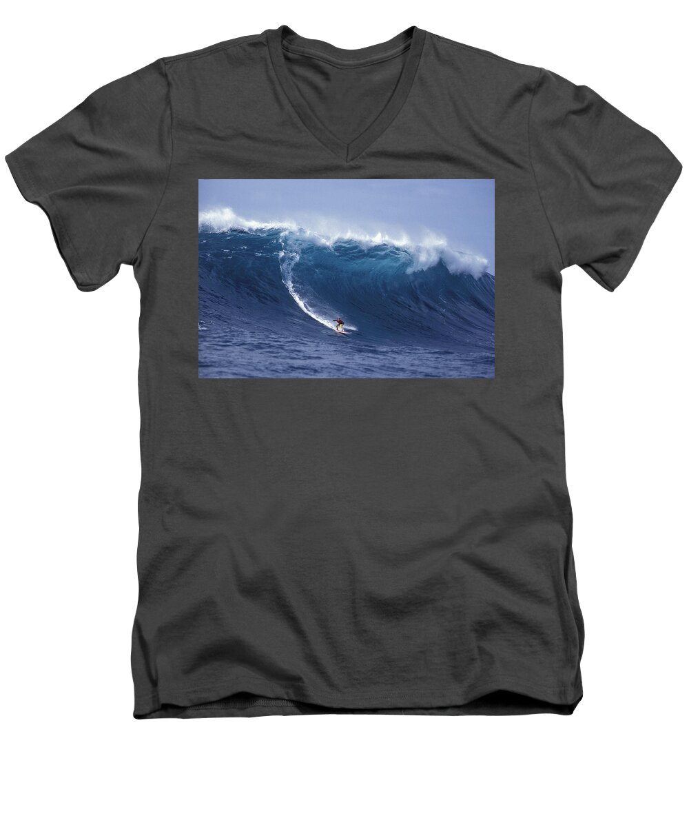 Big Wave Surfers Men's V-Neck T-Shirt featuring the photograph Man Vs Mountain by Sean Davey