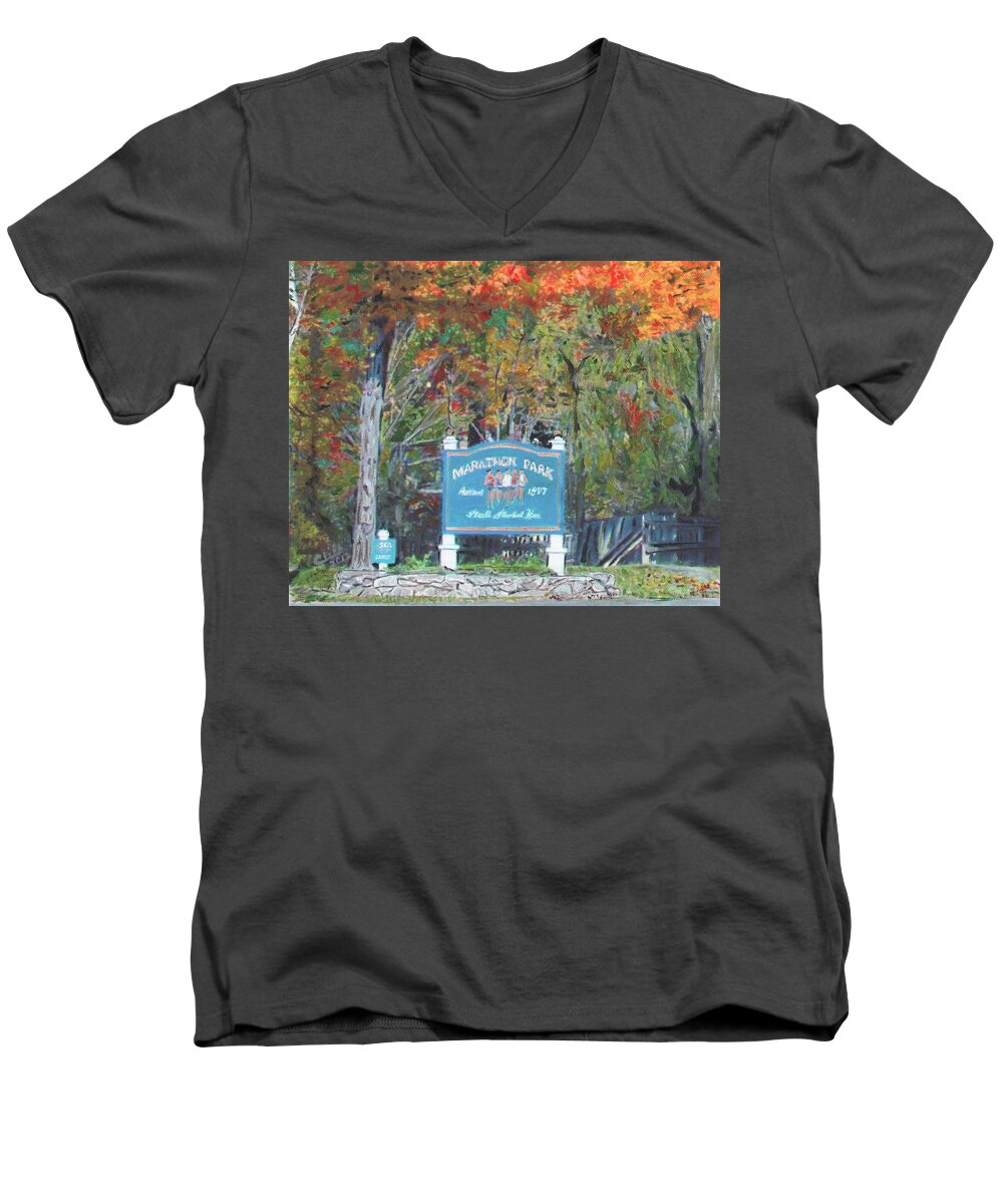 Baa Men's V-Neck T-Shirt featuring the painting Marathon Park by Cliff Wilson