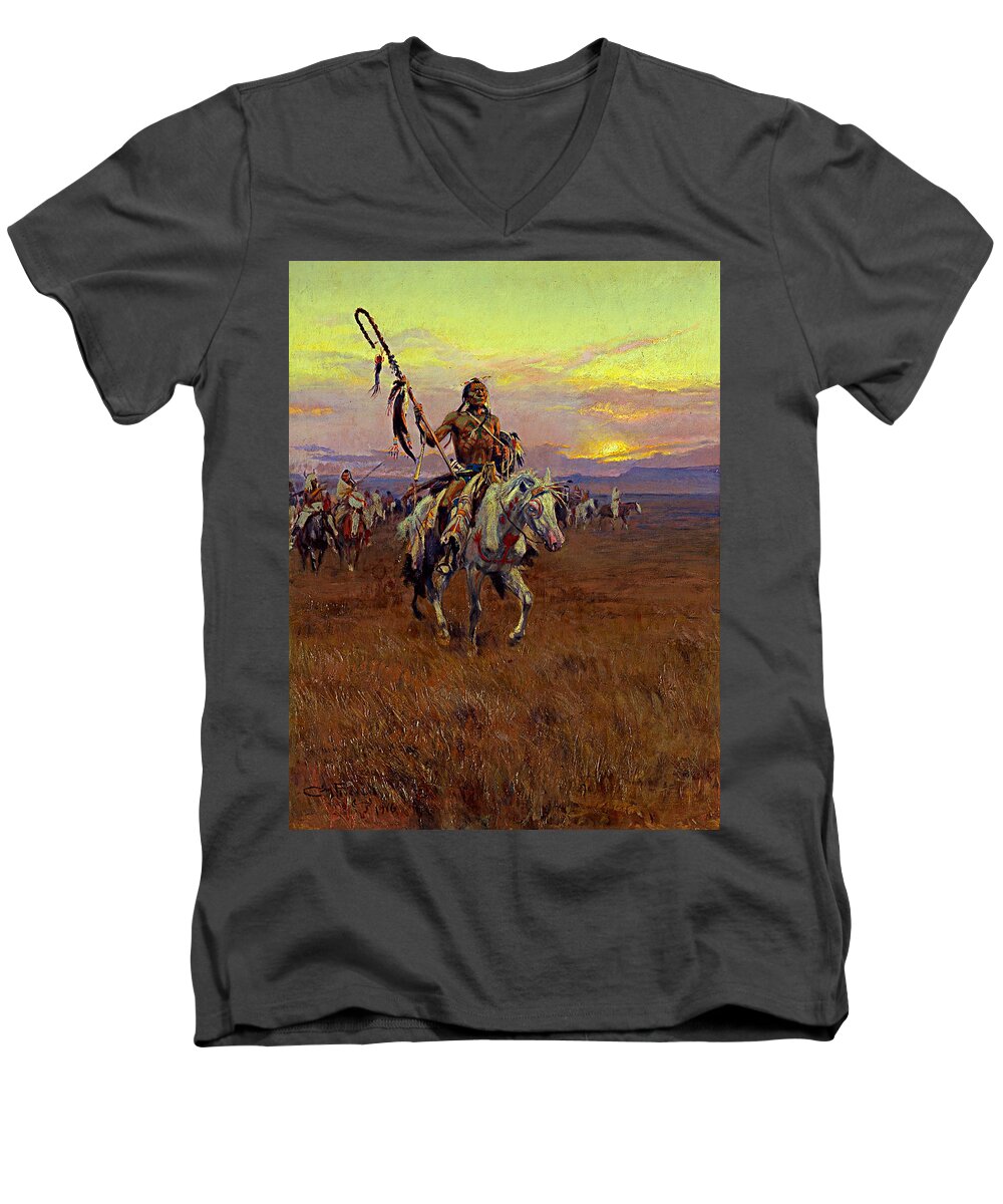 Charles Marion Russell Men's V-Neck T-Shirt featuring the painting Medicine Man by Charles Marion Russell