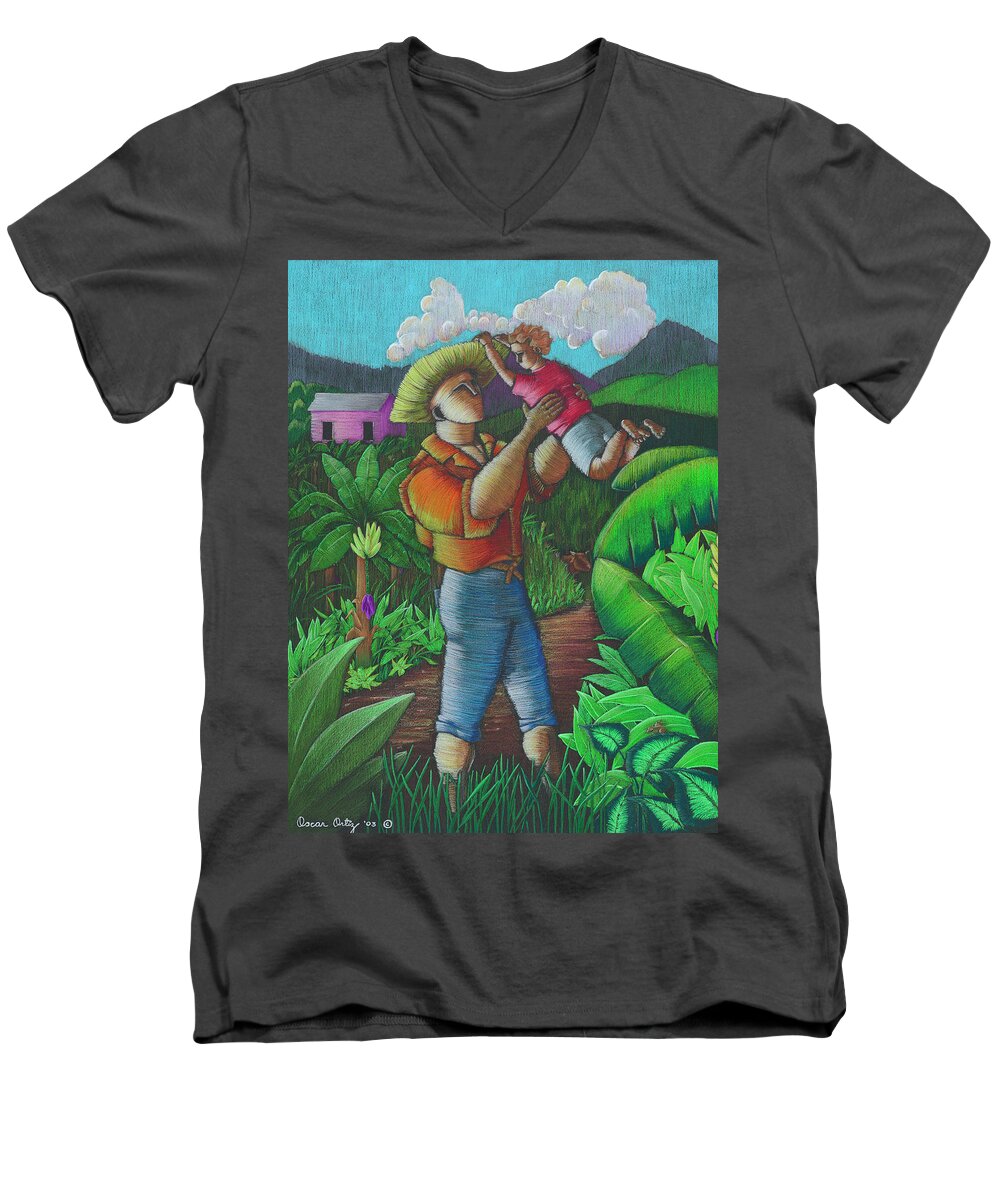 Puerto Rico Men's V-Neck T-Shirt featuring the painting Mi futuro y mi tierra by Oscar Ortiz