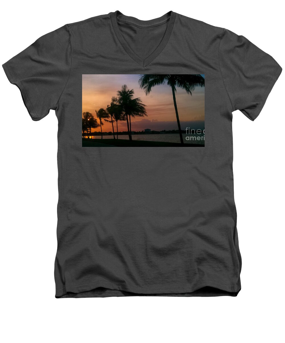 Miami Men's V-Neck T-Shirt featuring the photograph Miami Sunset by Charlie Cliques