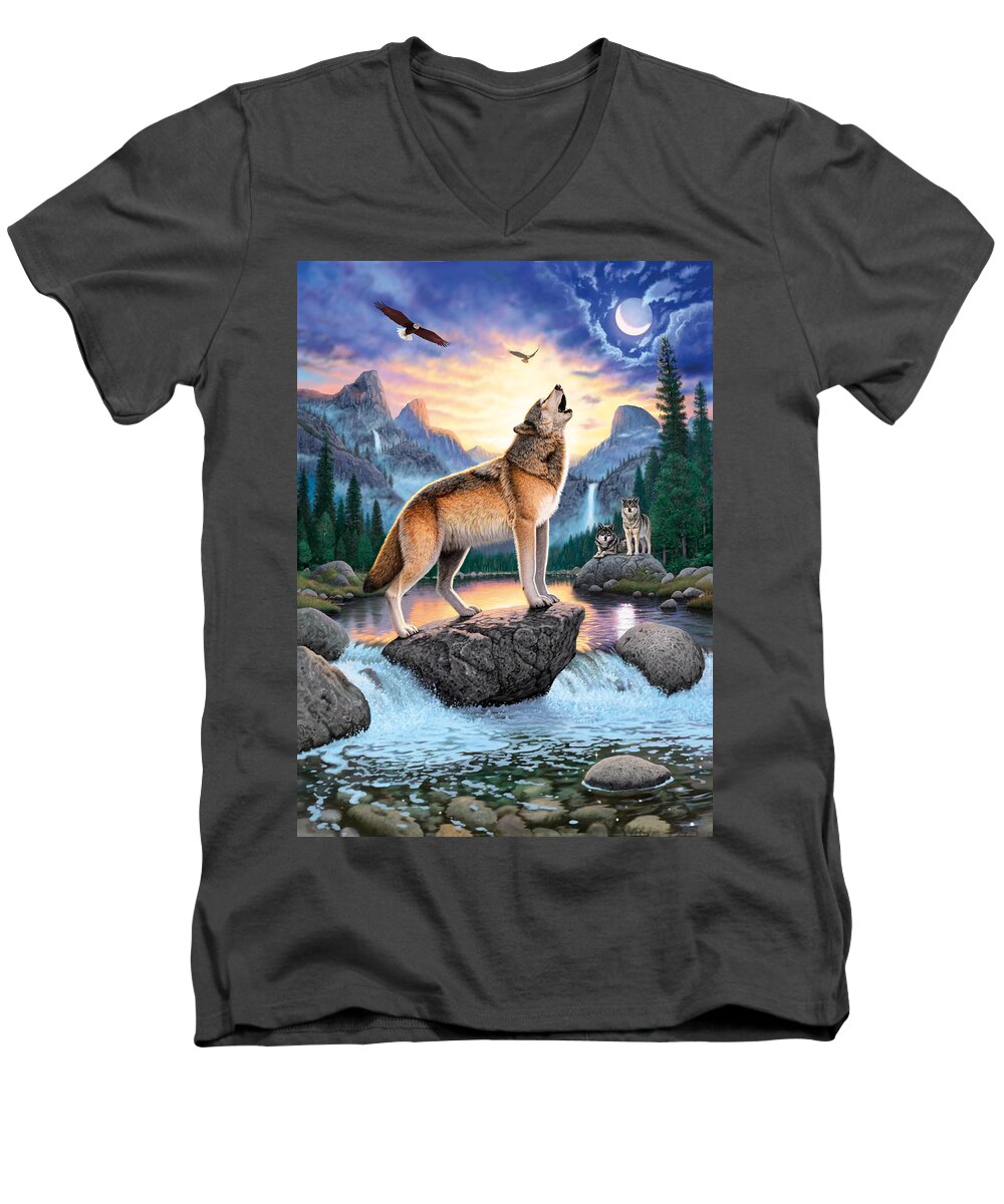 Wolf Men's V-Neck T-Shirt featuring the photograph Midnight Call by MGL Meiklejohn Graphics Licensing
