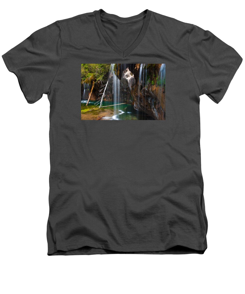 Colorado Men's V-Neck T-Shirt featuring the photograph Misty Falls at Hanging Lake by John Hoffman
