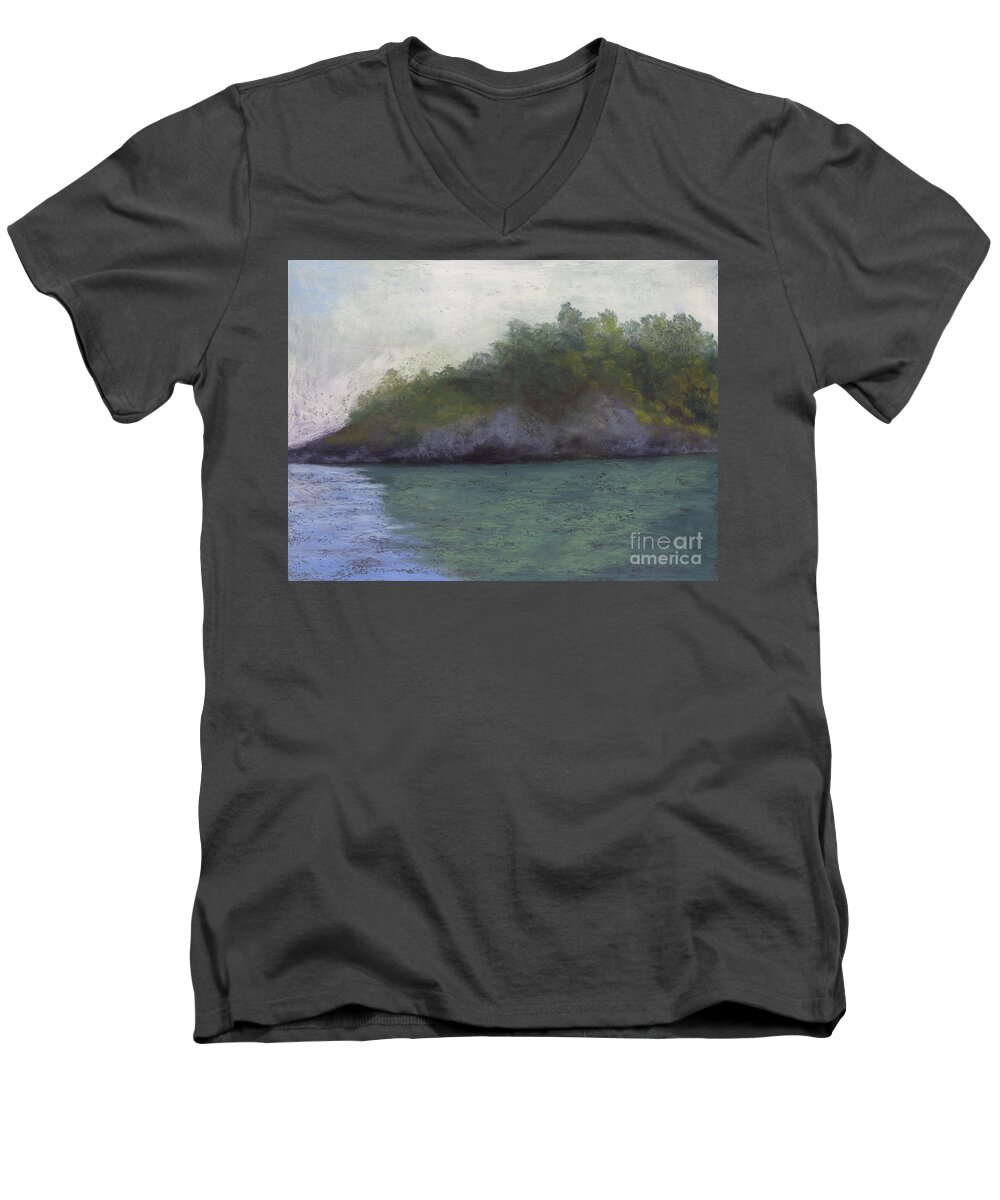 Island Men's V-Neck T-Shirt featuring the painting Misty Isle by Ginny Neece