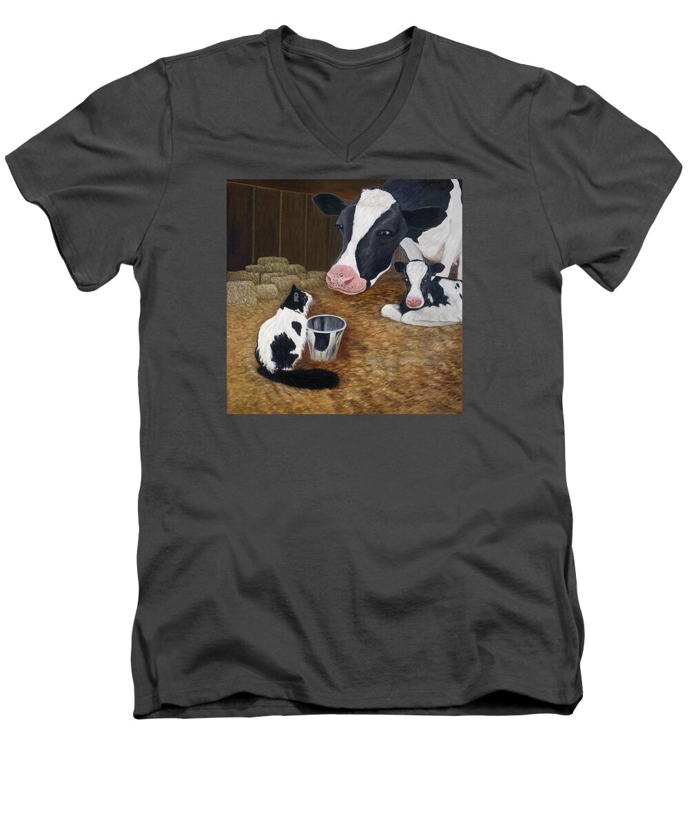 Cat Art Men's V-Neck T-Shirt featuring the painting Mooeow by Karen Zuk Rosenblatt