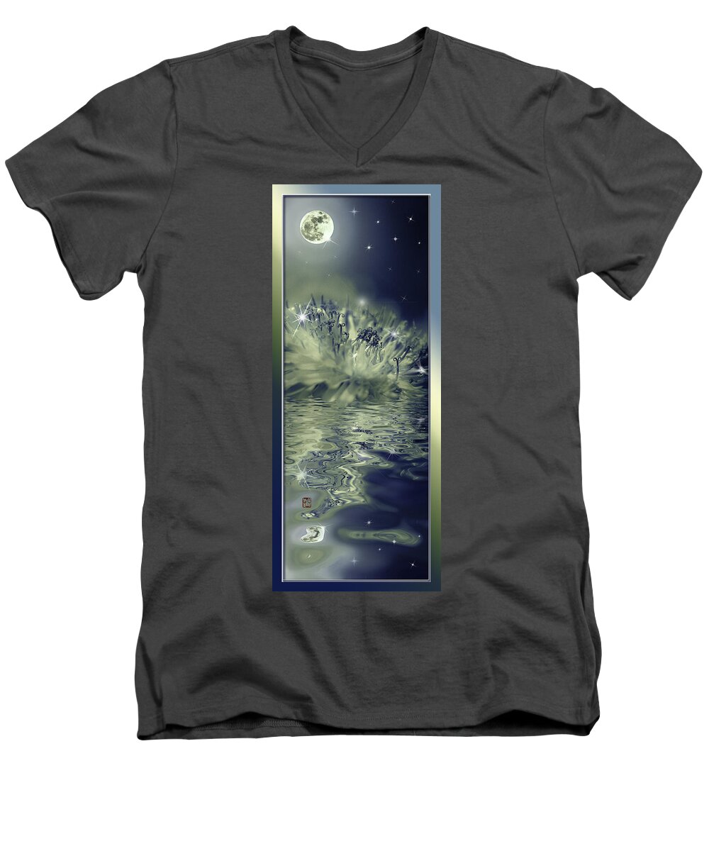 Blossom Men's V-Neck T-Shirt featuring the mixed media Moon and Dandelion reflection with sparkling stars by Peter V Quenter