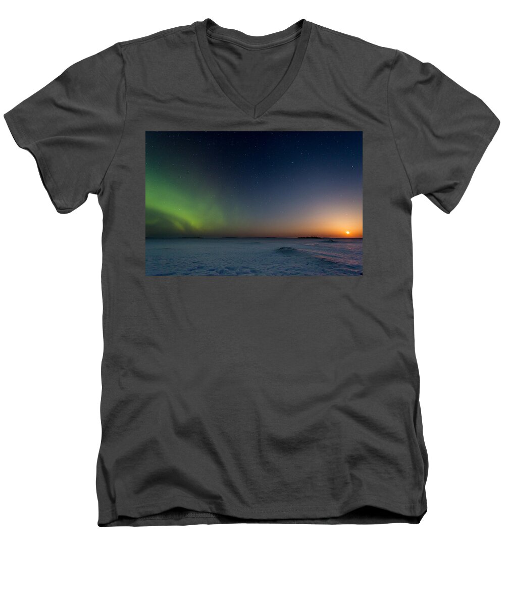 Astrophotography Men's V-Neck T-Shirt featuring the photograph Moonrise and Aurora by Jakub Sisak