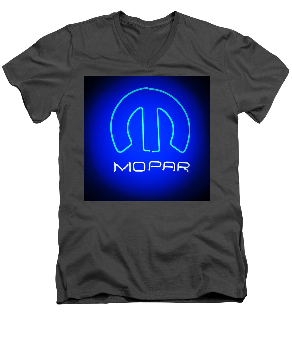 Mopar Neon Sign Men's V-Neck T-Shirt featuring the photograph Mopar Neon Sign by Jill Reger